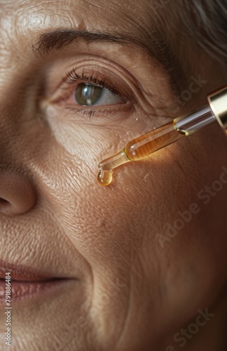 A closeup of the face, showing fine lines and wrinkles on an older woman's cheek with one drop being poured onto her skin from above