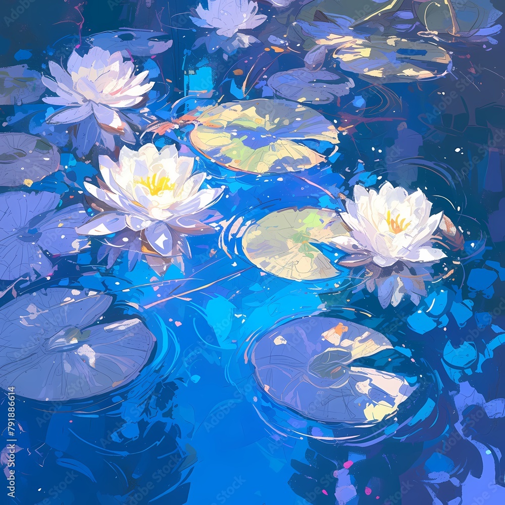 Blooming with Elegance - Experience the Pure Beauty of Water Lilies in this Breathtaking Digital Artwork