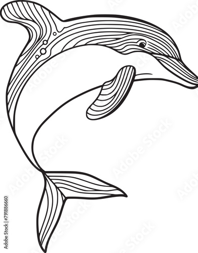 Coloring pages. Marine wild animals. Little cute baby dolphin smiles.