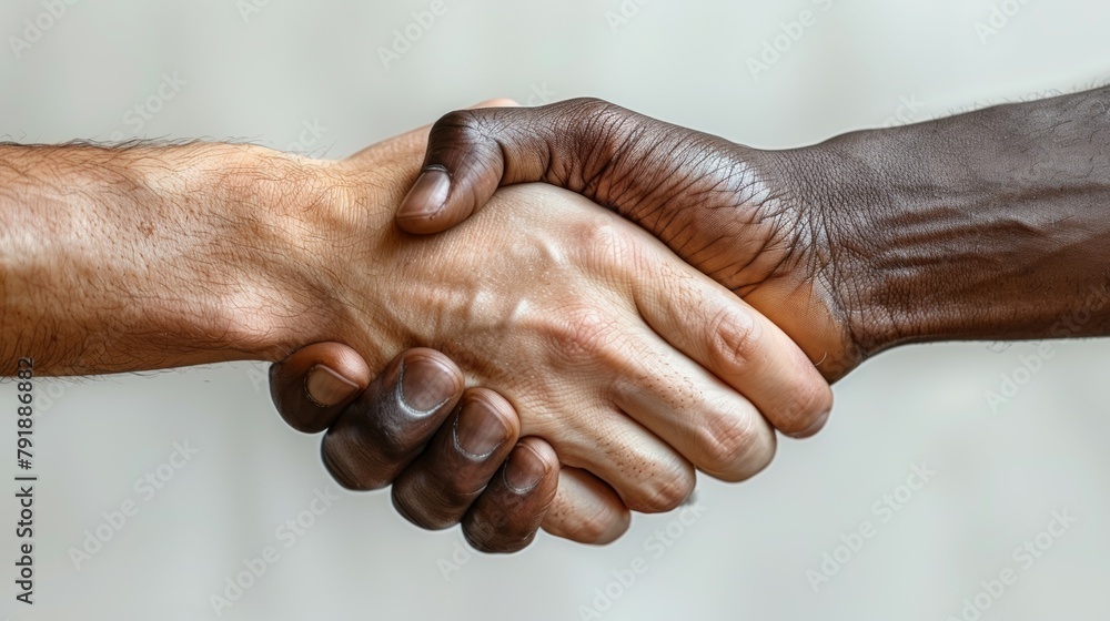 Fototapeta premium two hands shaking hands, one hand is that of a white man, the other is that of a black man.