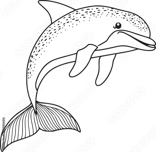 Coloring pages. Marine wild animals. Little cute baby dolphin smiles.