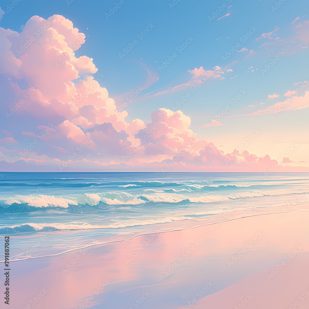 Embrace the tranquility of a pastel sunset at the beach, where soft gradients of pink and blue paint a picturesque sky over calm waters.