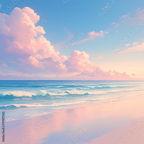 Embrace the tranquility of a pastel sunset at the beach, where soft gradients of pink and blue paint a picturesque sky over calm waters. © RobertGabriel