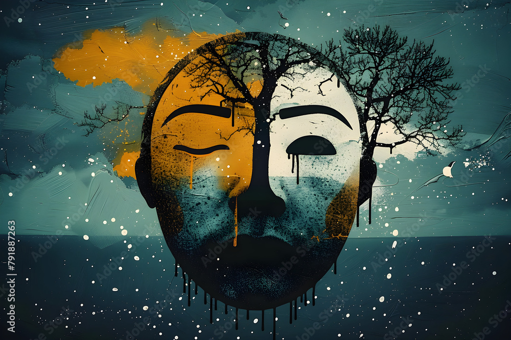 Digital art depiction of a face merged with a tree in a surreal, autumn ...
