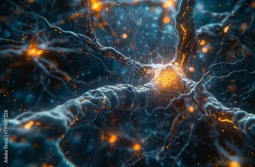 A detailed closeup of an isolated human hand motor neuron cell, showcasing the intricate network of neurons and capillaries within it. The dark background highlights details, with a focus 