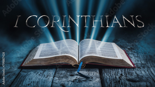 The book of 1 Corinthians. Open bible with blue glowing rays of light. On a wood surface and dark background. Related to this book: Church, Corinthians, Love, Unity, Spiritual Gifts, Instruction photo