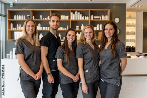 Photography of aesthetic belgium team therapists in beauty center.