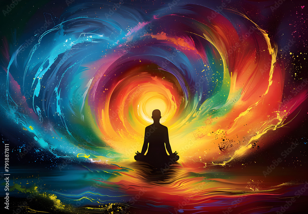 Vibrant abstract composition with a silhouetted person meditating amidst colorful swirling energy, evoking themes of spirituality and inner peace.