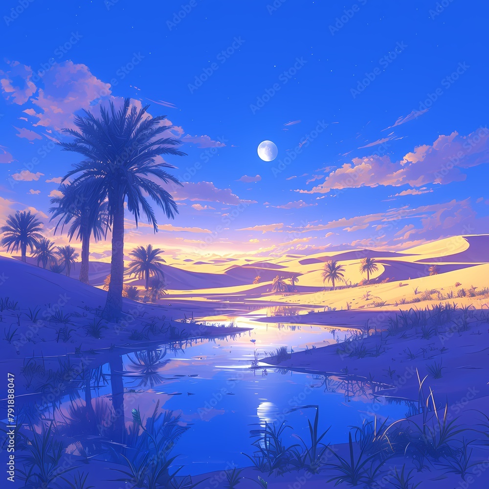 Escape to the Desert's Embrace: A tranquil scene featuring a shimmering oasis under a radiant moon, surrounded by majestic sand dunes and towering palm trees.