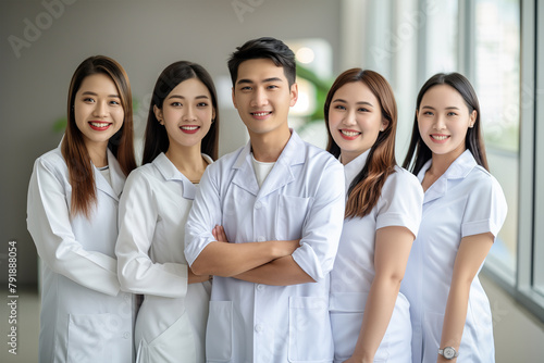 Photography of aesthetic vietnamese team therapists in beauty center.