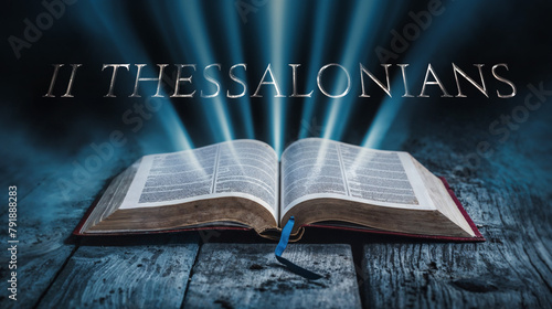 The book of 2 Thessalonians. Open bible with blue glowing rays of light. On a wood surface and dark background. Related to this book: Endurance, Perseverance, Second Coming, Encouragement, Eschatology photo