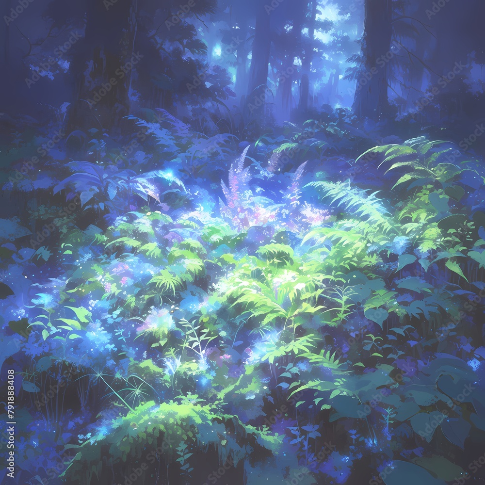 A captivating digital illustration of a mystical forest enveloped in fog and ethereal light.