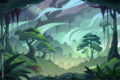 Wisps of fog clinging to a lush forest