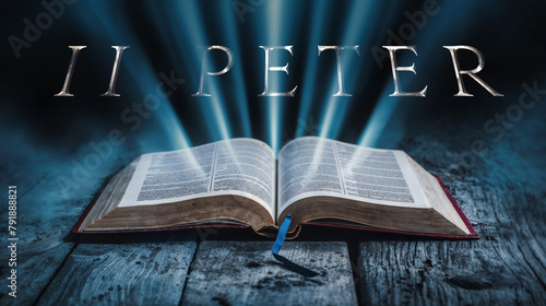 The book of 2 Peter. Open bible with blue glowing rays of light. On a wood surface and dark background. Related to this book: Knowledge, Growth, False Teachers, Judgment, Warning, End Times, Scripture photo