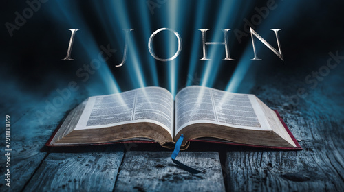 The book of 1 John. Open bible with blue glowing rays of light. On a wood surface and dark background. Related to this book: Love, Light, Fellowship, Truth, Assurance, Belief, eternal life, Antichrist