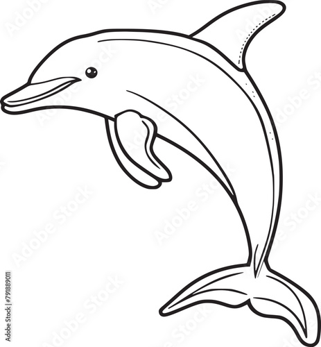 Coloring pages. Marine wild animals. Little cute baby dolphin smiles.