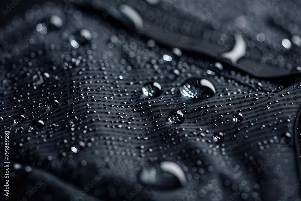 Black waterproof fabric with water drops