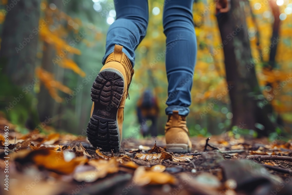 Zoomed in view of a hiking boot making contact with wet, colorful autumn leaves, showcasing the blend of human and nature Zoomed in view of a hiking boot making contact with wet, colorful autumn leaves, showcasing the blend of human and nature