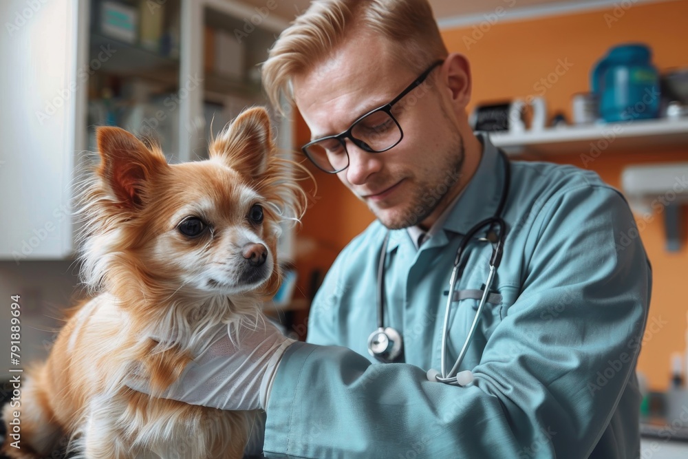 A vet in a clinic gently examines a chihuahua, showcasing care and professionalism in veterinary practice A vet in a clinic gently examines a chihuahua, showcasing care and professionalism in veterinary practice