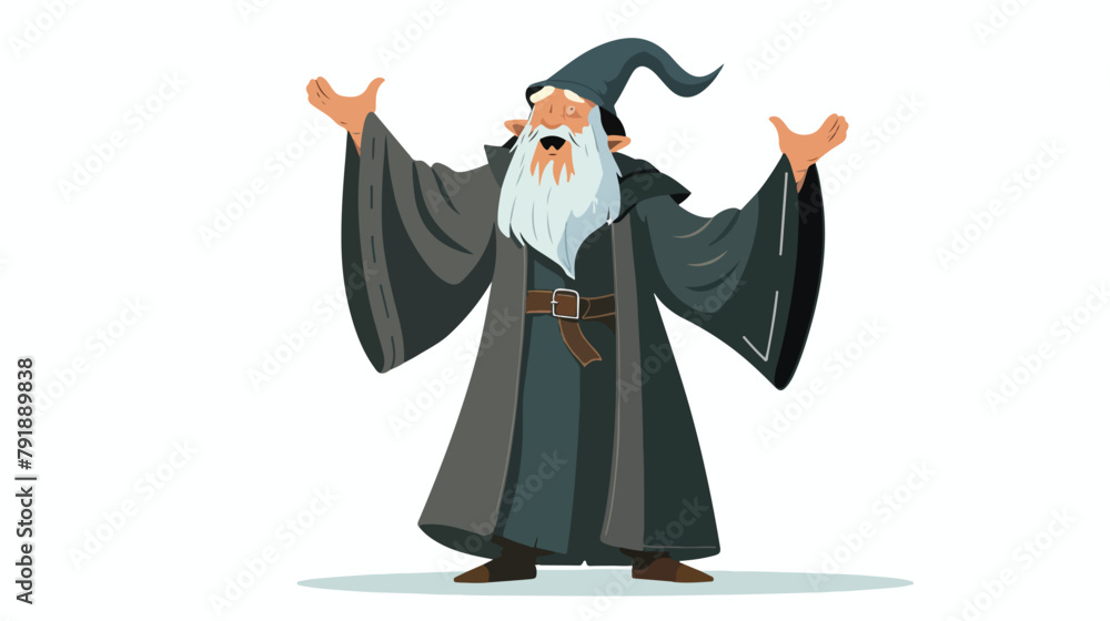 Wizard with gray haired beard raising hands pronounce