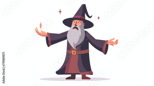 Wizard with gray haired beard raising hands pronounce