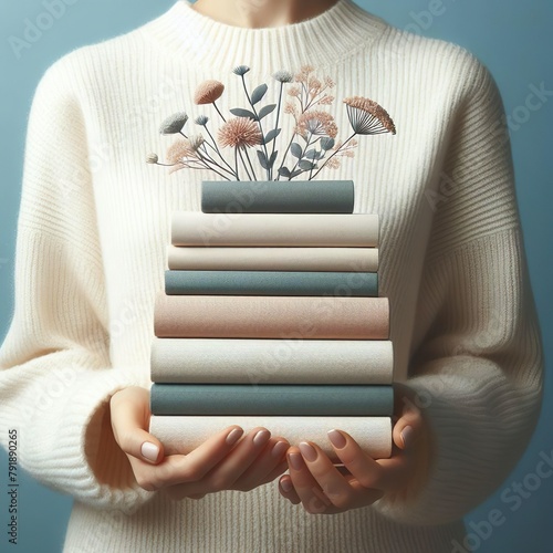 A female person holding a stack of books