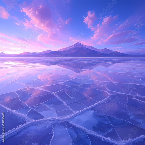 Purple-Hued Dusk Landscape over Icy Placid Waters Mirroring Majestic Snowy Mountains photo