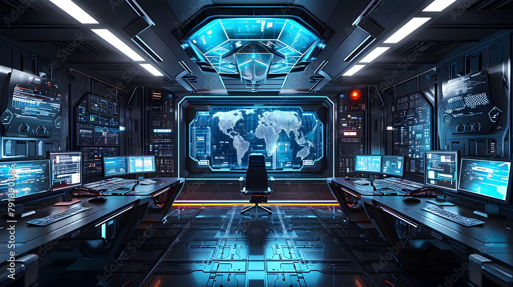 Futuristic cybersecurity office and workspace for professionals. High end technology realistic illustration. Futuristic cybersecurity office and workspace for professionals. High end technology realistic illustration.