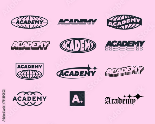 Set streetwear Academy logo ideas for a clothing brand. Design vector typography for t-shirt streetwear clothing.