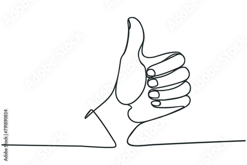 One line drawing of hand showing great sign. Continuous line finger up. vector illustration