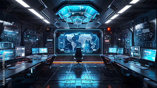 Futuristic cybersecurity office and workspace for professionals. High end technology realistic illustration.