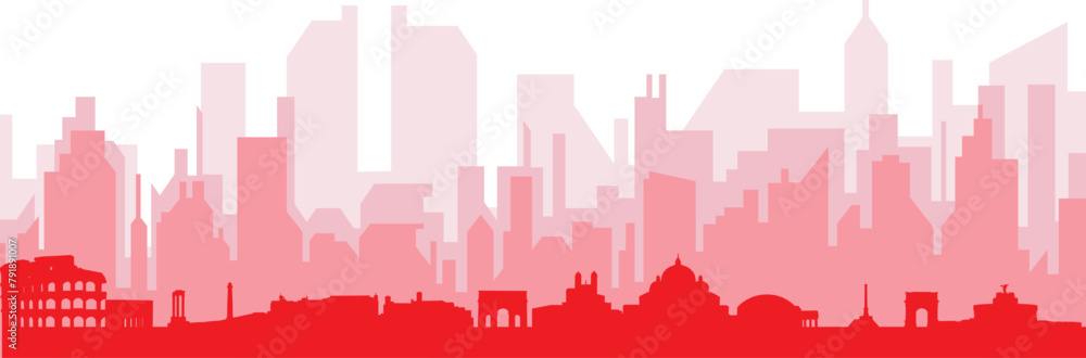 Red panoramic city skyline poster with reddish misty transparent background buildings of ROME, ITALY