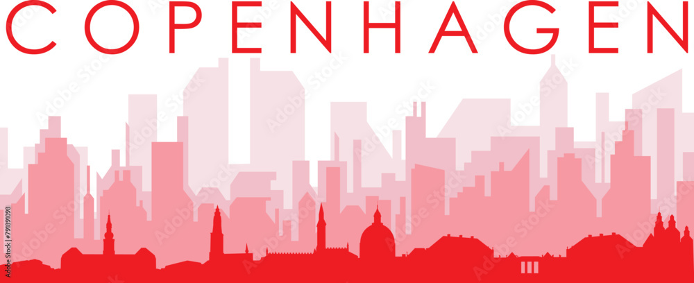 Red panoramic city skyline poster with reddish misty transparent background buildings of COPENHAGEN, DENMARK Red panoramic city skyline poster with reddish misty transparent background buildings of COPENHAGEN, DENMARK