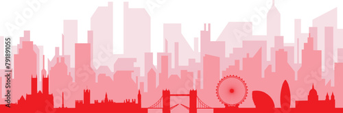 Red panoramic city skyline poster with reddish misty transparent background buildings of LONDON  UNITED KINGDOM
