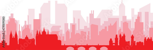 Red panoramic city skyline poster with reddish misty transparent background buildings of PRAGUE  CZECH REPUBLIC