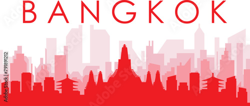 Red panoramic city skyline poster with reddish misty transparent background buildings of BANGKOK  THAILAND