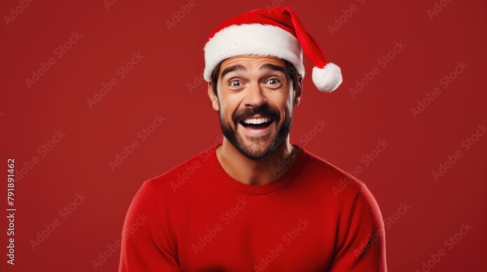 Joyful Man in Santa Hat Celebrating Christmas on Red Background Joyful Man in Santa Hat Celebrating Christmas on Red Background