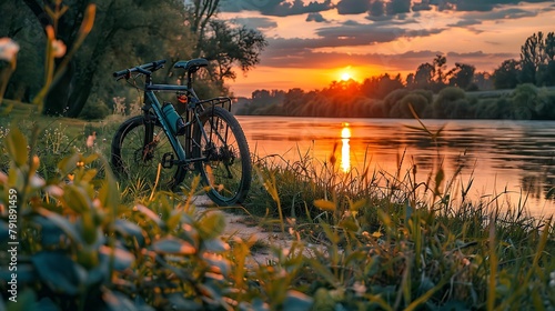 A bicycle in the banks of river at sunset