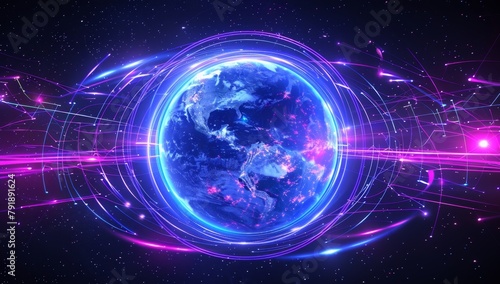 Fototapeta Naklejka Na Ścianę i Meble -  A globe with glowing blue and purple lines around it The earth is seen in the center of the composition, surrounded by multiple circular lines that form circles on all sides Generative AI