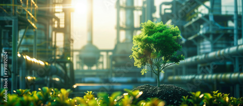 tiny lush tree with blurred industrial factory describe sustainable green concept © Menganga