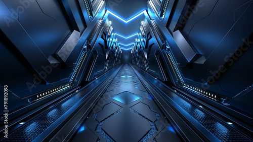 Futuristic sci-fi corridor with neon lighting and sleek metallic surfaces,ai generated photo