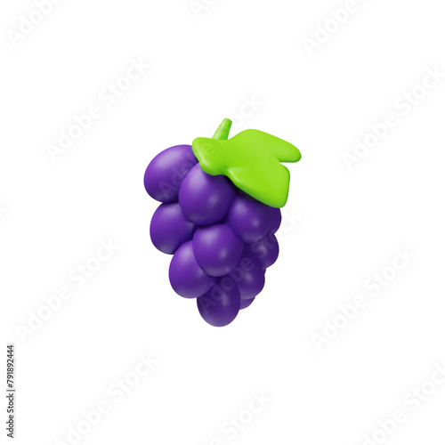 Grape bunch with leaf 3D style vector, fresh juicy purple berries render icon isolated, healthy natural vitamin farm fruit