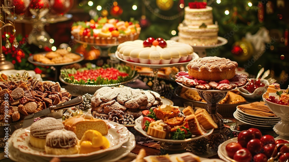 There is a table full of food, including cakes, pies, cookies, and fruits