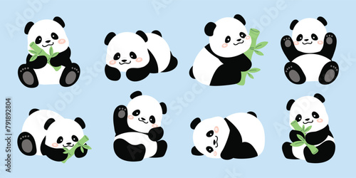 Cute Animal Panda characters set. Hand drawn wild animal cartoon design of panda in different pose, bamboo, sitting, sleeping. Adorable bear mascot illustration for sticker, clipart, education.