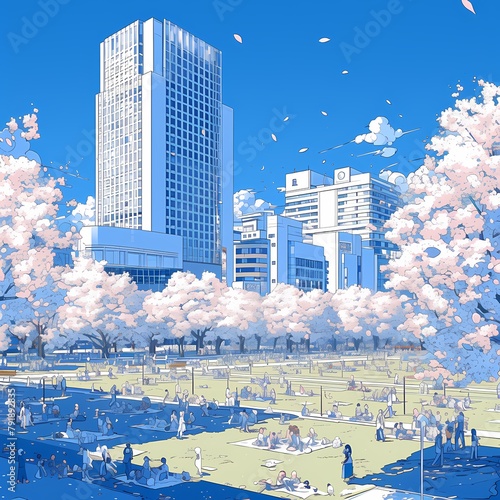 Vibrant Cityscape with Blooming Cherry Trees and a Serene Public Area