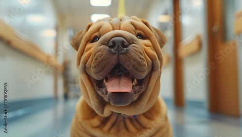Smiling Chinese Shar Pei dog captured in a hospital hallway. Concept Pet Photography, Dog Poses, Hospital Setting, Candid Moments photo