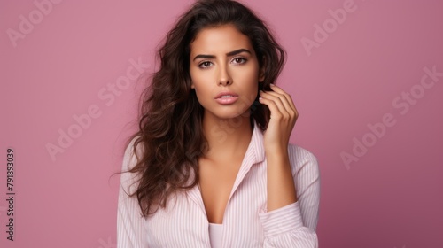 Elegant Brunette Woman Posing Against Pink Background in Stylish Outfit