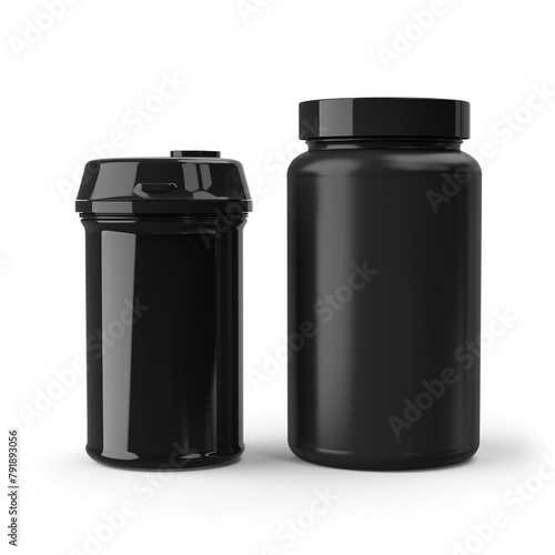 mockup of a tall black plastic protein container, front shot and overhead shot, white background сreated with Generative Ai