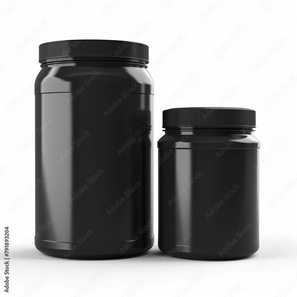 mockup of a tall black plastic protein container, front shot and overhead shot, white background сreated with Generative Ai mockup of a tall black plastic protein container, front shot and overhead shot, white background сreated with Generative Ai