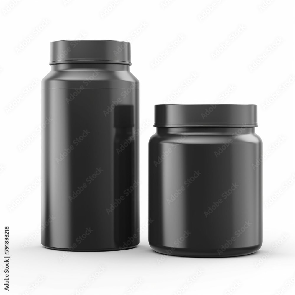 mockup of a tall black plastic protein container, front shot and overhead shot, white background сreated with Generative Ai mockup of a tall black plastic protein container, front shot and overhead shot, white background сreated with Generative Ai